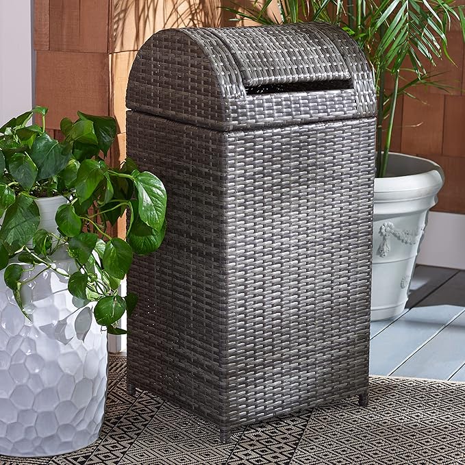 SAFAVIEH Outdoor Collection Mazeli Grey Brown Woven Swing Top Dome Lid Trash - Image 3
