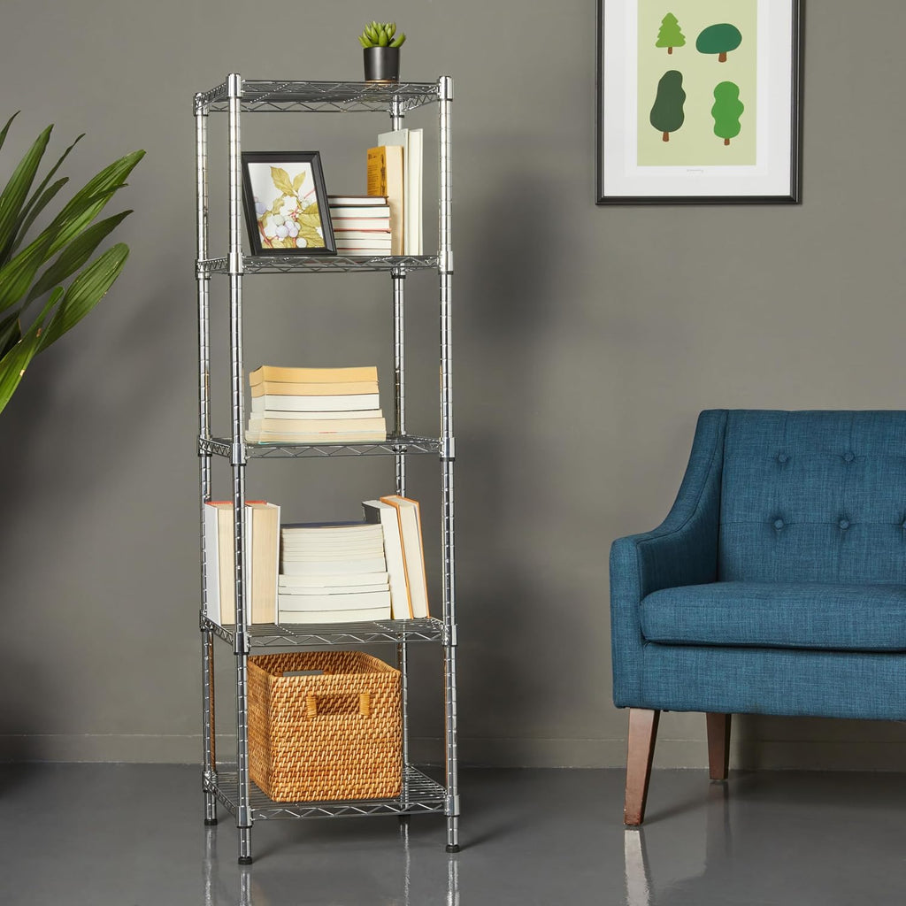 5-Shelf Tower Adjustable Storage Shelving Unit, Chrome, 16" X 16" X 54", 150 Lbs per Shelf