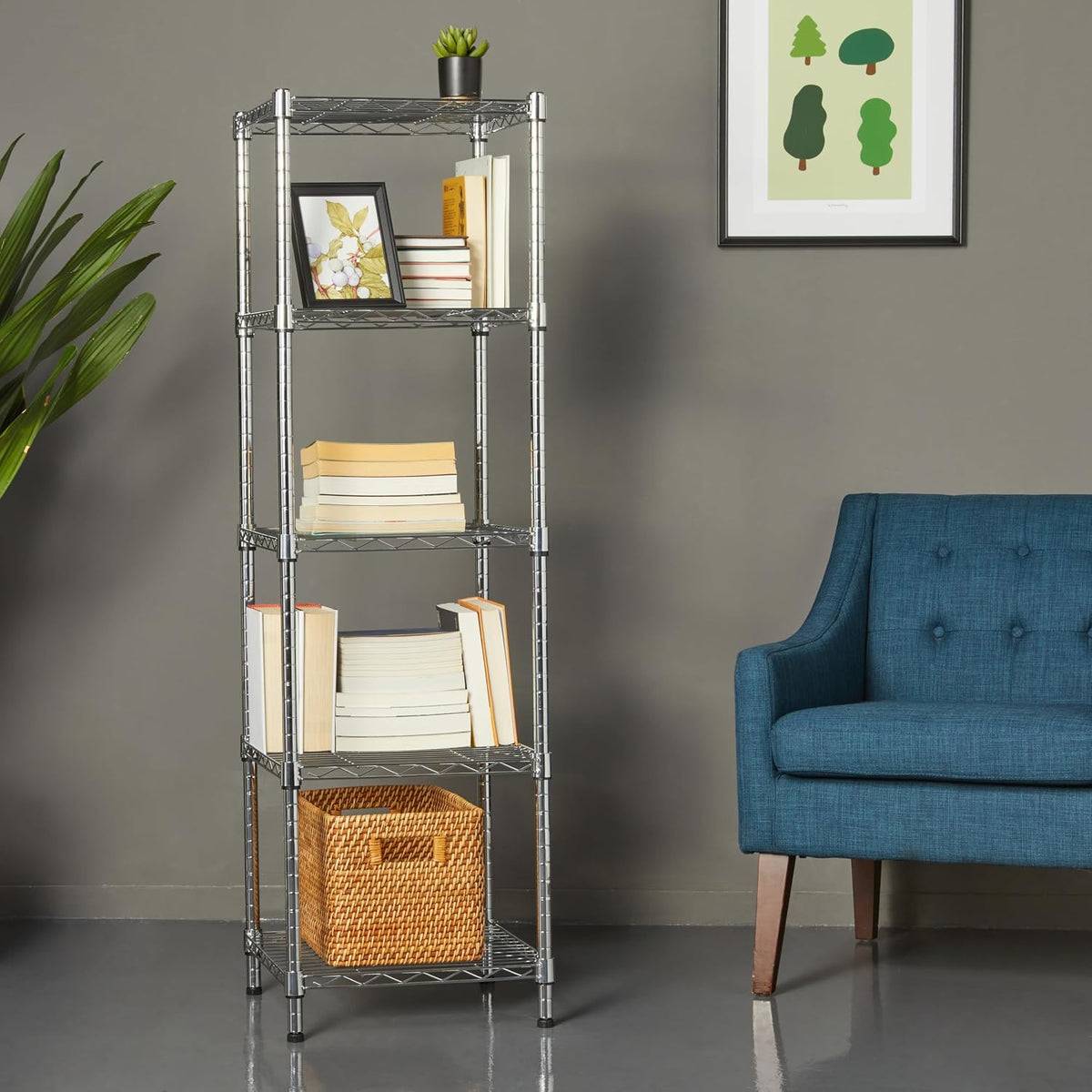 5-Shelf Tower Adjustable Storage Shelving Unit, Chrome, 16" X 16" X 54", 150 Lbs per Shelf